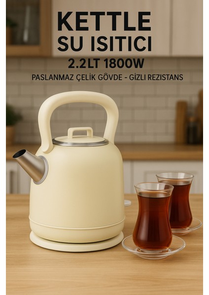 2.2 L Çelik Su Isıtıcı, 1800W, Gizli Rezistans, Hızlı ve Güvenli Kaynatma