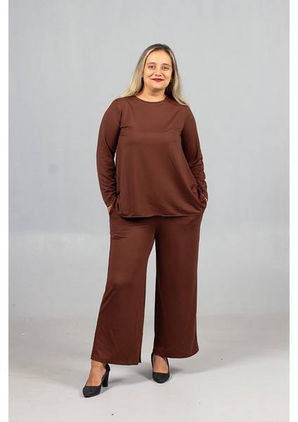 Sıcak Kahve Tonu: Likralı 2 Iplik Penye Takım | Arka Uzun Alt Üst Kombin