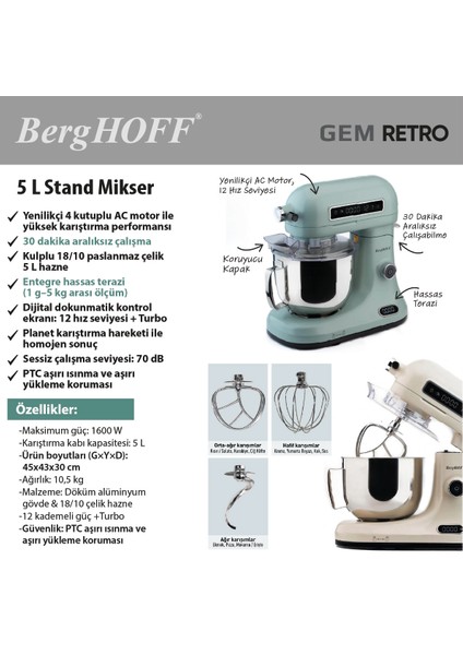 Gem Retro Dijital Göstergeli Hassas Tartı Özellikli 5 Lt Mint Yeşil Stand Mikser modelleri