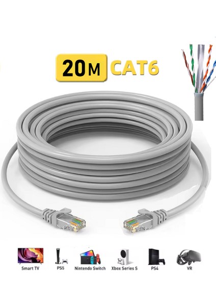 20 Metre Cat6 Internet Kablosu Ethernet Utp Patch High Speed Açık Gri 1000 Mbps