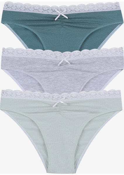 Kadın Ön Bel Dantelli Büzgülü ve Fiyonk Detaylı Lastikli Külot 3'lü