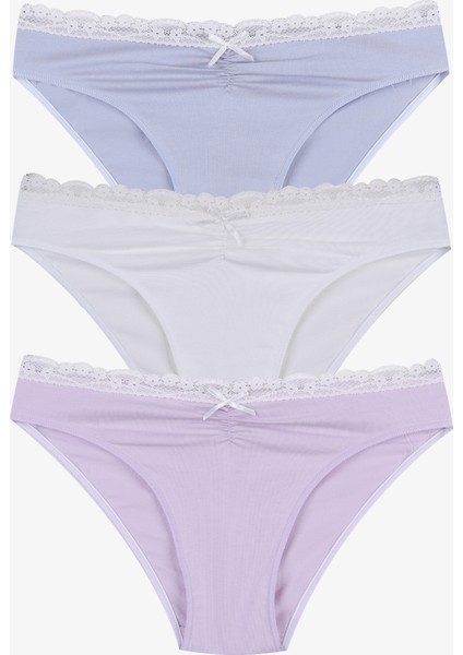 Kadın Ön Bel Dantelli Büzgülü ve Fiyonk Detaylı Lastikli Külot 3'lü