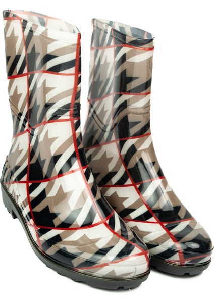 15102 Bej Desenli Kısa Kadın Yağmur Çizmesi