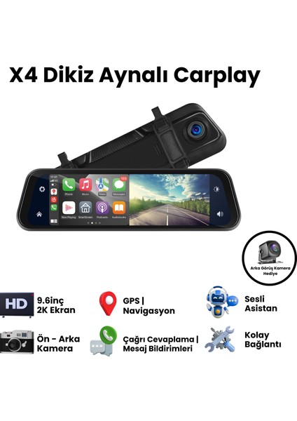 X4 Dikiz Aynalı Carplay Apple Android Uyumlu 9.6 Inç 2k Görüntü Arka/ön Görüş Kameralı Araç Ekranı
