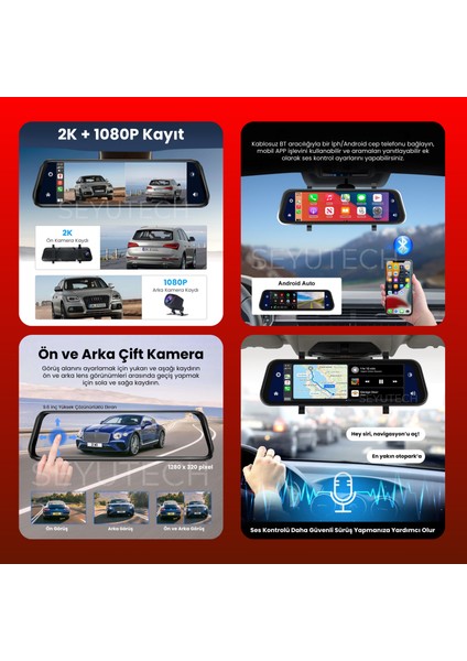 X4 Dikiz Aynalı Carplay Apple Android Uyumlu 9.6 Inç 2k Görüntü Arka/ön Görüş Kameralı Araç Ekranı modelleri