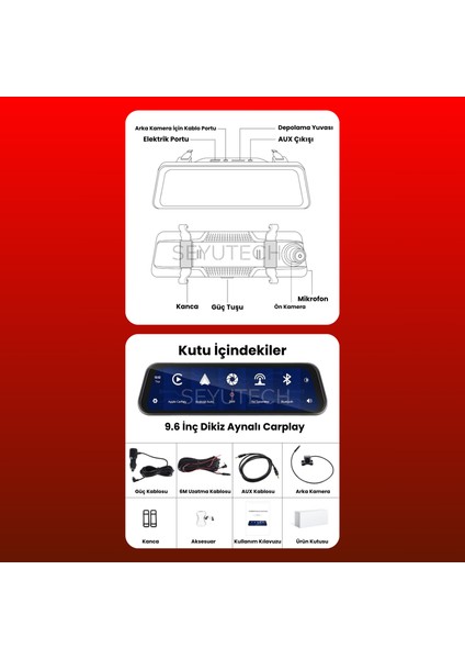 X4 Dikiz Aynalı Carplay Apple Android Uyumlu 9.6 Inç 2k Görüntü Arka/ön Görüş Kameralı Araç Ekranı indirimleri