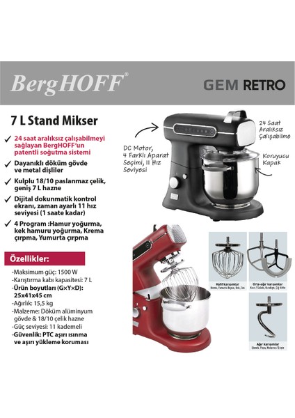 Gem Retro 7 L Kırmızı Artisan Yüksek Performans Stand Mikser fırsatları