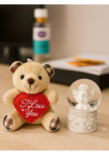 Sevgiliye Eşe Özel Günlere Hediye Sevimli Mini Peluş Ayıcık ve Mini Melek Kar Küresi Set Bej Rengi