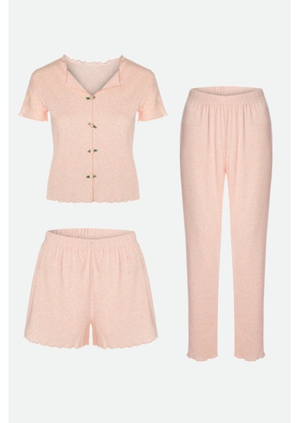 Kadın Pamuklu 3'lü Pembe Fiyonklu Kaşkorse Pijama Takımı indirimleri