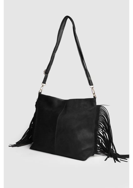 Lagraccio Paris Kadın Guts Süet Püsküllü Omuz Çantası Siyah Süet