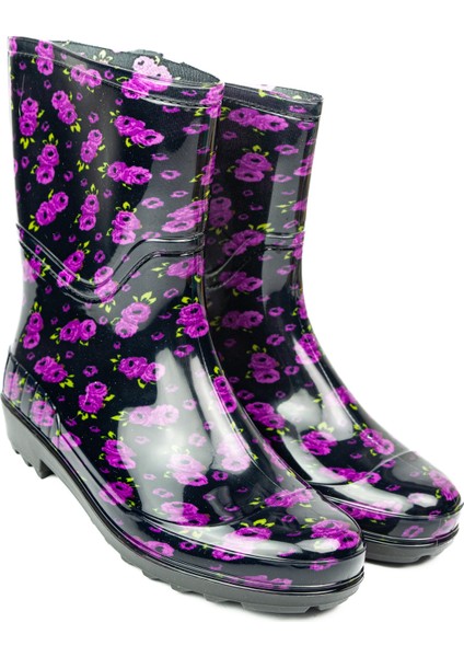 15101 Siyah Çiçekli Kısa Kadın Yağmur Çizmesi