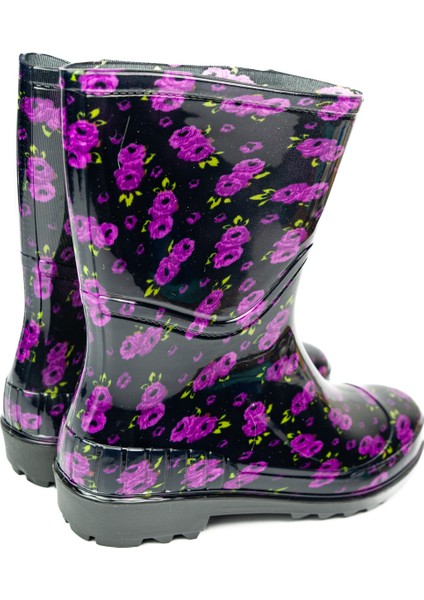 15101 Siyah Çiçekli Kısa Kadın Yağmur Çizmesi fiyatları