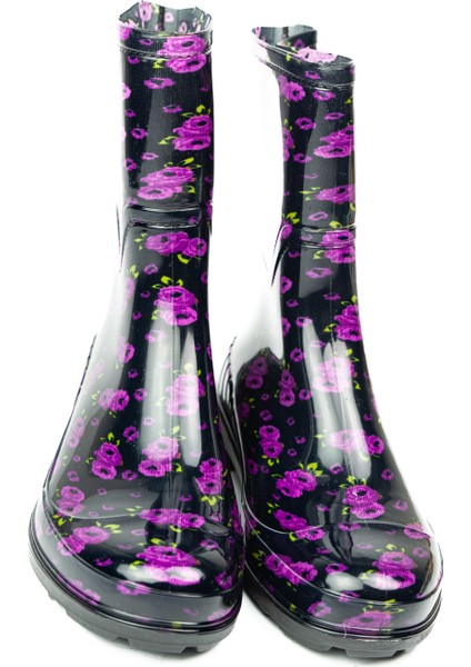 15101 Siyah Çiçekli Kısa Kadın Yağmur Çizmesi modelleri