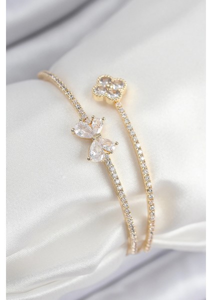 Bfs Pirinç Zirkon Taşlı Fiyonk ve Yonca Model Gold Renk Kadın Bileklik