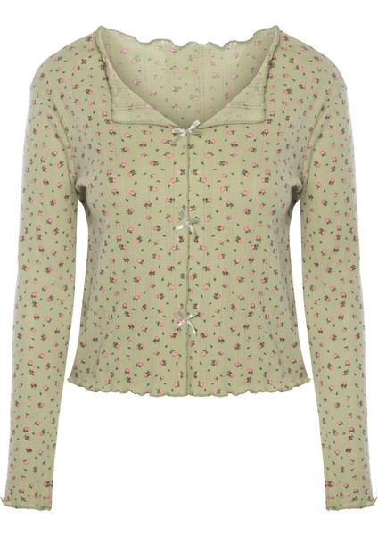 Kadın Pamuklu Çıtır Çiçek Desenli Baby Overloklu Fiyonk Detaylı Uzun Kollu Pijama Takımı