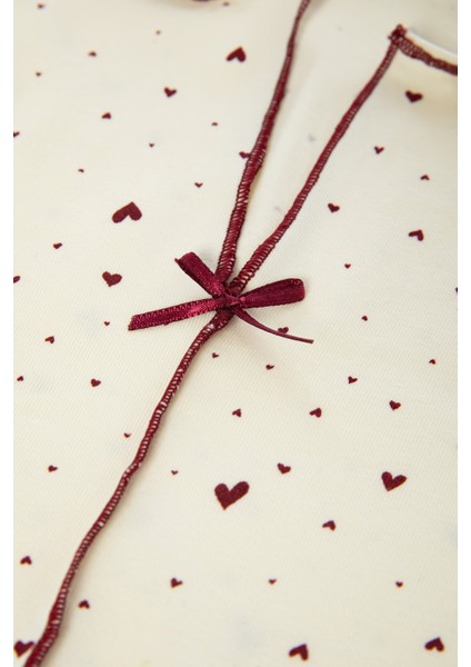 Kadın Pamuklu Çıtır Çiçek Desenli Baby Overloklu Fiyonk Detaylı Uzun Kollu Pijama Takımı