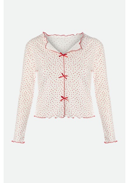 Kadın Pamuklu Çıtır Çiçek Desenli Baby Overloklu Fiyonk Detaylı Uzun Kollu Pijama Takımı modelleri