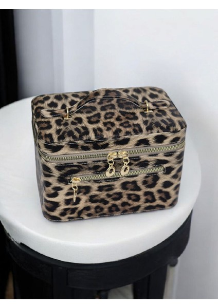 Leopar Desenli Taşınabilir Makyaj Çantası, Aynalı ve Saplı, Şık ve Pratik Tasarım modelleri
