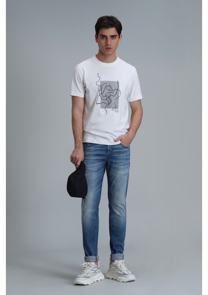 Nally Modern Grafik T- Shirt Koyu Saks