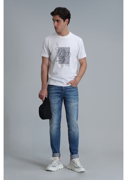 Nally Modern Grafik T- Shirt Koyu Saks