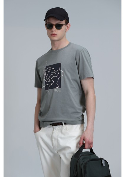 Nally Modern Grafik T- Shirt Koyu Saks