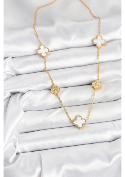 Bfs 316L Çelik Zincir Gold Renk Beyaz ve Zirkon Taşlı Yonca Kadın Kolye fiyatları