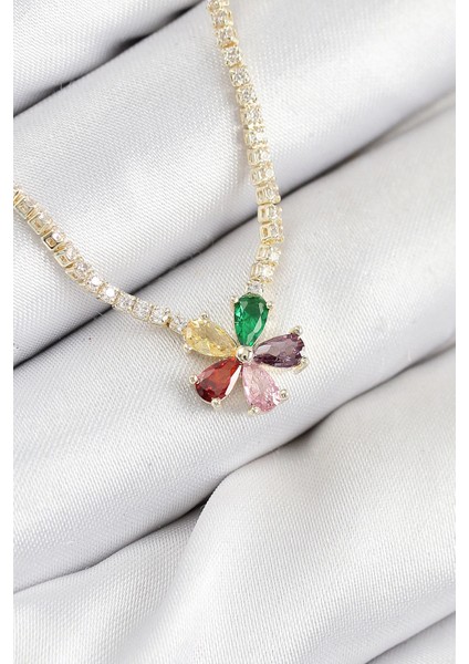 Bfs Pirinç Zirkon Taşlı Su Yolu Asorti Çiçek Model Gold Renk Kadın Kolye