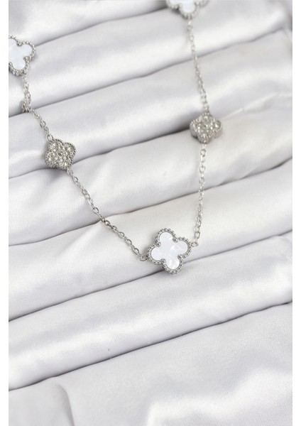 Bfs 316L Çelik Zincir Gümüş Renk Beyaz ve Zirkon Taşlı Yonca Kadın Kolye