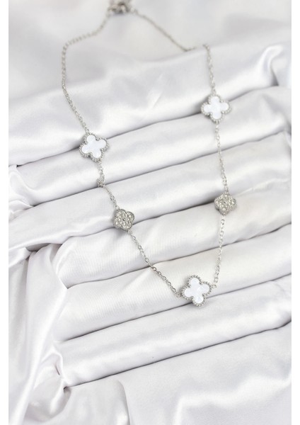 Bfs 316L Çelik Zincir Gümüş Renk Beyaz ve Zirkon Taşlı Yonca Kadın Kolye fiyatları