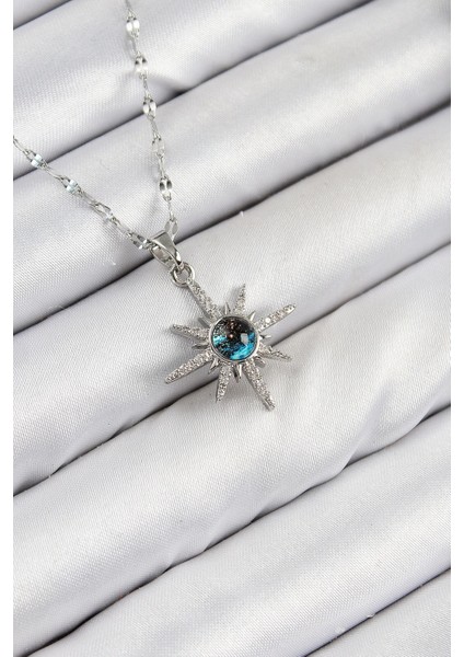 Bfs 316L Çelik Zirkon Taşlı Kutup Yıldızı Model Gümüş Renk Kadın Kolye