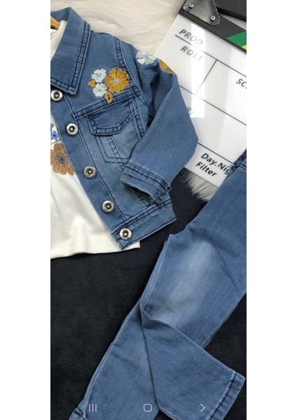 Kız Çocuk 3'lü Kot Takımı - Nakışlı - %100 Pamuklu modelleri