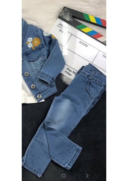 Kız Çocuk 3'lü Kot Takımı - Nakışlı - %100 Pamuklu