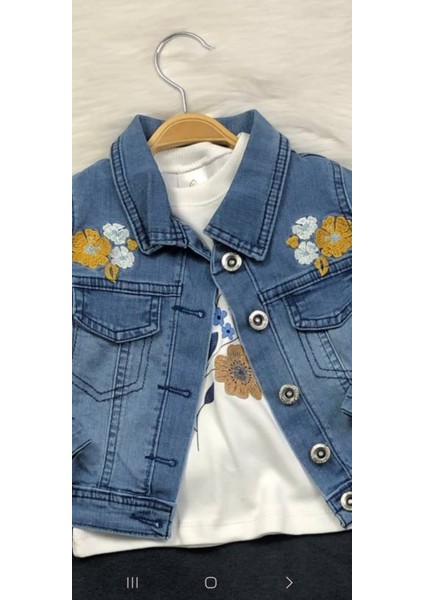 Kız Çocuk 3'lü Kot Takımı - Nakışlı - %100 Pamuklu