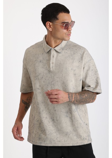 Eskitme Efektli Yıkamalı Double Pike Kumaş Erkek Polo Yaka Loose Fit Tişört