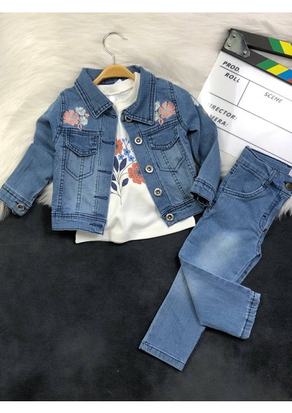 Kız Çocuk 3'lü Kot Takımı - Nakışlı - %100 Pamuklu