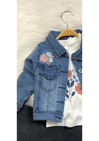 Kız Çocuk 3'lü Kot Takımı - Nakışlı - %100 Pamuklu fiyatları