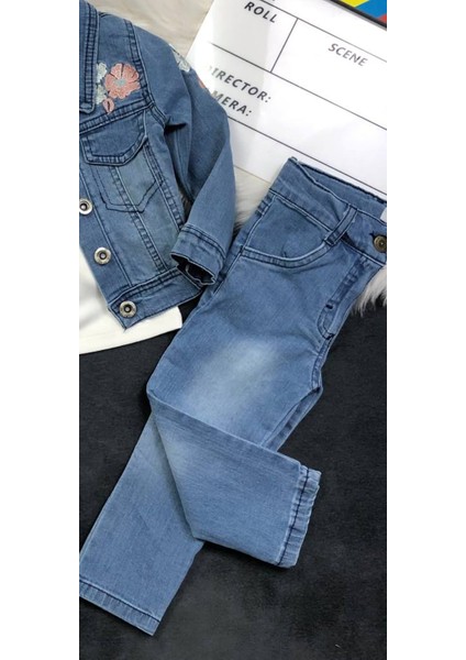 Kız Çocuk 3'lü Kot Takımı - Nakışlı - %100 Pamuklu modelleri