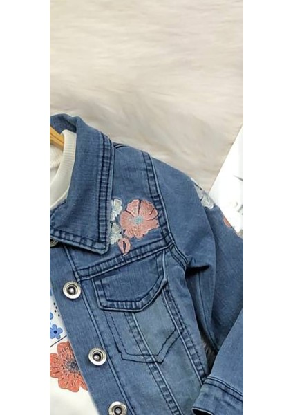 Kız Çocuk 3'lü Kot Takımı - Nakışlı - %100 Pamuklu fırsatları