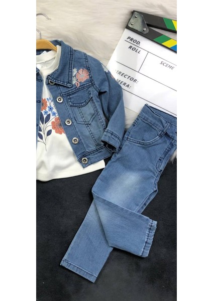 Kız Çocuk 3'lü Kot Takımı - Nakışlı - %100 Pamuklu