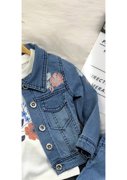 Kız Çocuk 3'lü Kot Takımı - Nakışlı - %100 Pamuklu