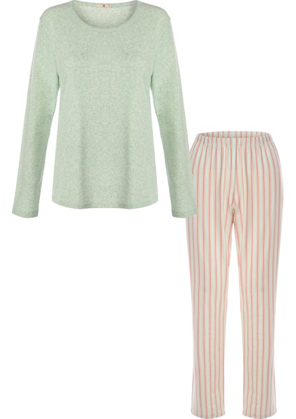Kadın Pamuklu Kaşkorse Üst Etiket Detaylı Çizgili Pijama Takımı indirimleri
