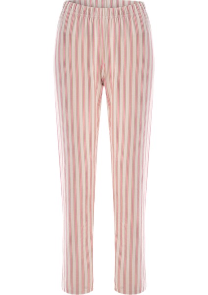 Kadın Pamuklu Kaşkorse Üst Etiket Detaylı Çizgili Pijama Takımı