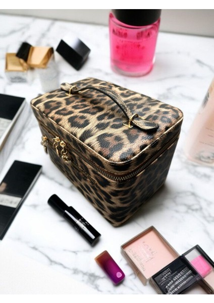 Şık Kahverengi Kozmetik ve Makyaj Çantası Aynalı Seyahat Seti