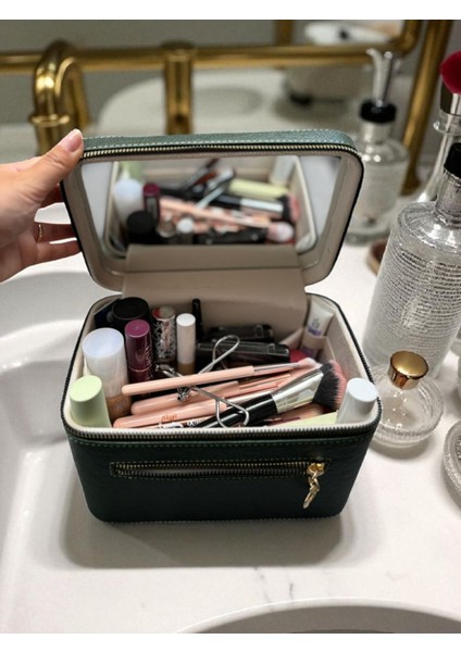 Şık Kahverengi Kozmetik ve Makyaj Çantası Aynalı Seyahat Seti fiyatları