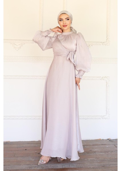 Yandan Bağlamalı Manşet Detaylı Yoryo Ipek Tesettür Abiye Taş 1241