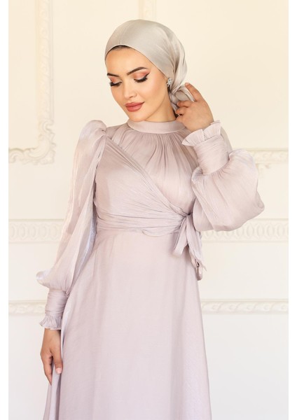 Yandan Bağlamalı Manşet Detaylı Yoryo Ipek Tesettür Abiye Taş 1241 modelleri