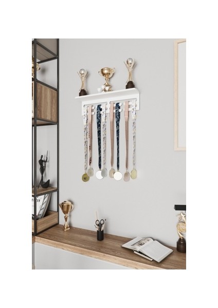 Kupa Raflı Madalya Askılığı Kupa Tasarımlı Metal Madalya Askısı ve Kupa Standı 15X35X10 cm