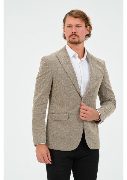 Erkek Slim Fit Blazer Ceket Koyu Bej