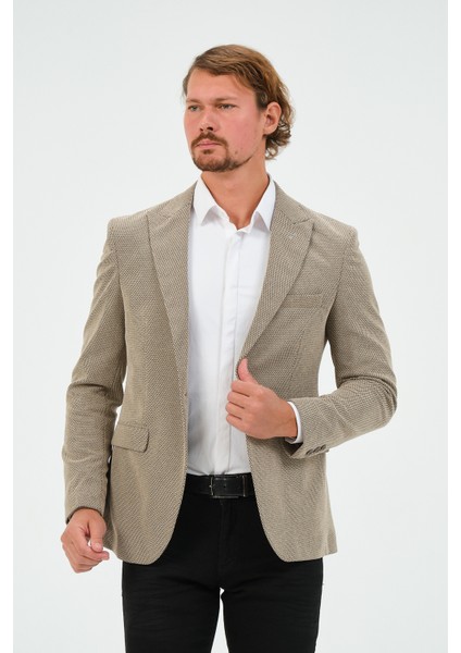 Erkek Slim Fit Blazer Ceket Koyu Bej