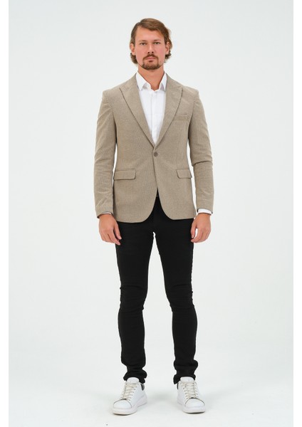 Erkek Slim Fit Blazer Ceket Koyu Bej